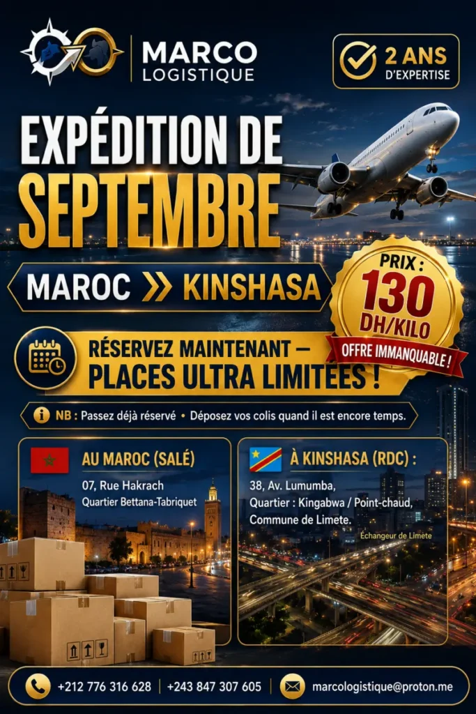 Affiche d’expédition Marco Opportunité entre le Maroc et Kinshasa